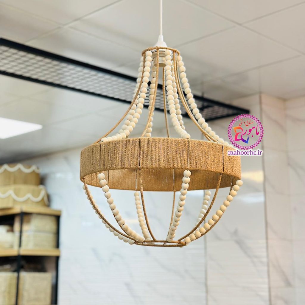 لوستر حصیری مدل اشکی رافیا با مهره چوبی
