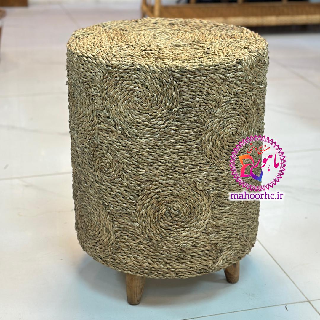 پاف حصیری لوکس استوانه‌ای با اسکلت چوبی