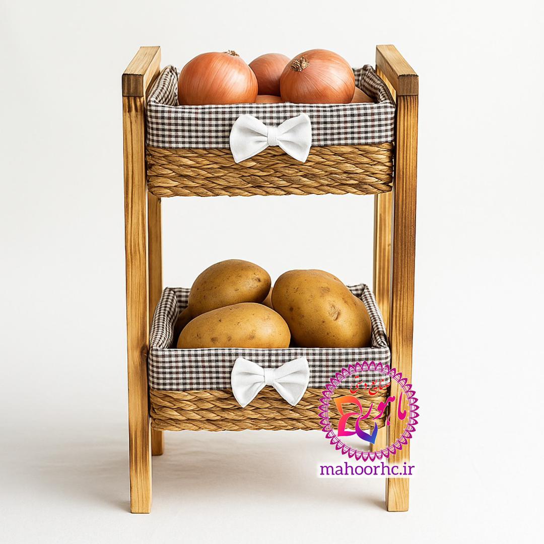 سبد سیب زمینی و پیاز حصیری دو طبقه با اسکلت چوبی