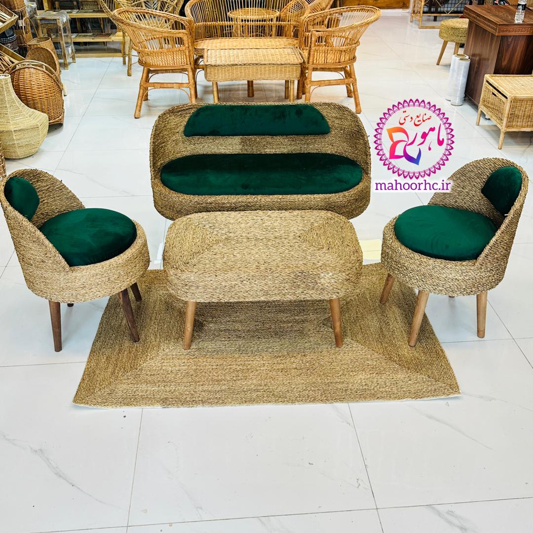ست میز و صندلی حصیری چهار نفره تشک دار دست‌ساز