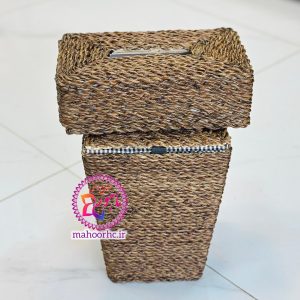 ست سطل و جا دستمالی حصیری چوبی درب‌دار قهوه ای