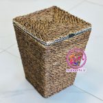 ست سطل و جا دستمالی حصیری چوبی درب‌دار قهوه ای