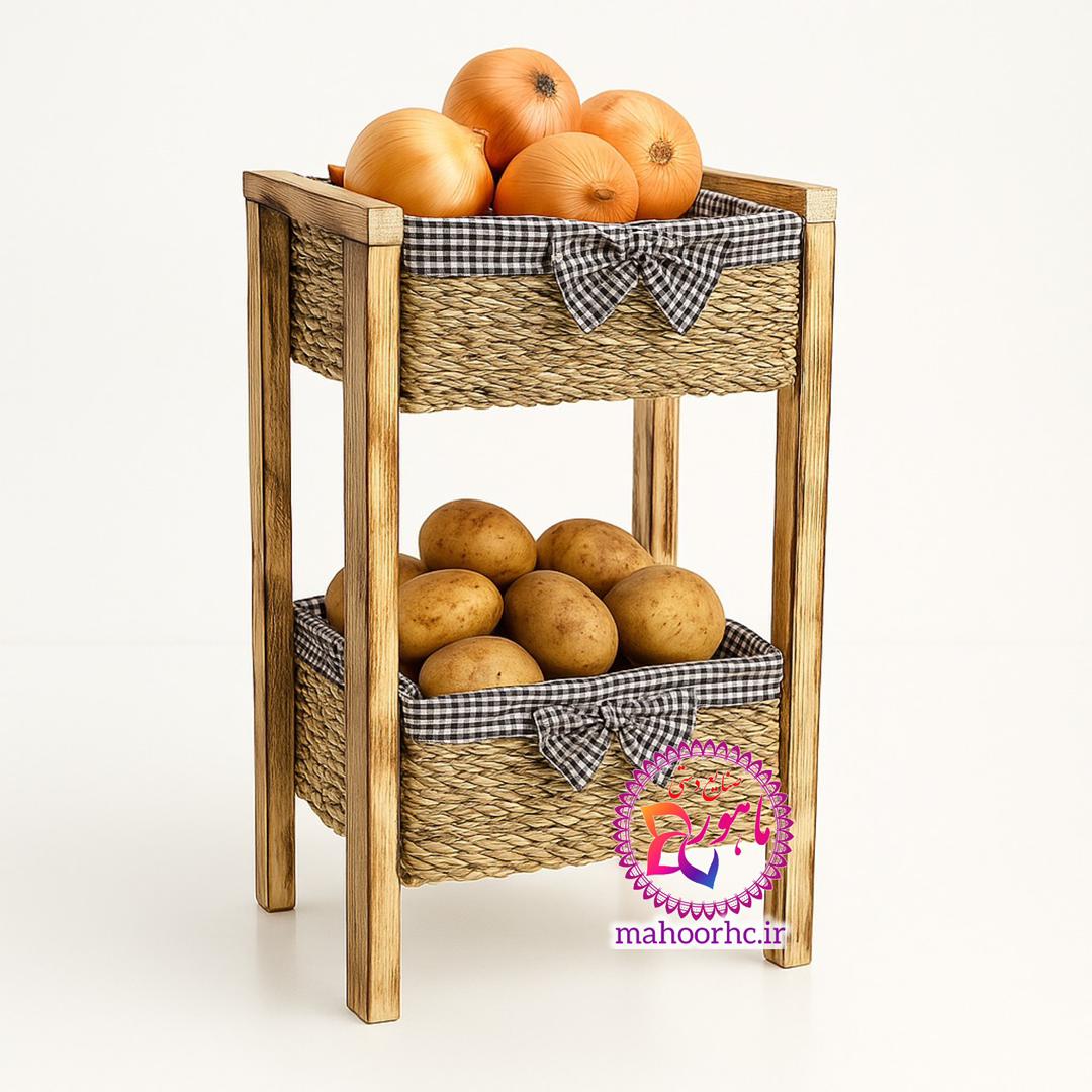 سبد سیب زمینی و پیاز حصیری دو طبقه با اسکلت چوبی