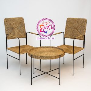 ست دو نفره میز و صندلی دسته دار حصیری
