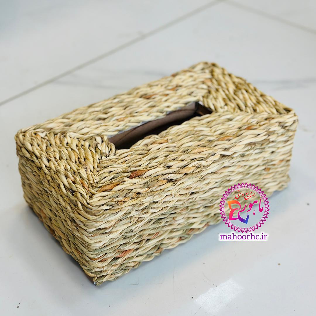 ست سطل و جا دستمالی حصیری چوبی درب‌دار روشن