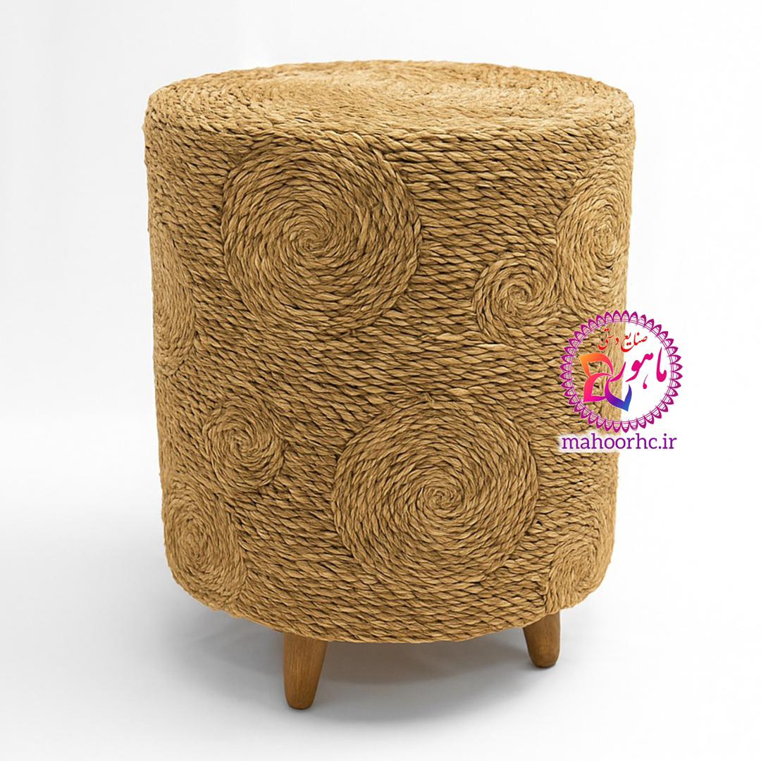 پاف حصیری لوکس استوانه‌ای با اسکلت چوبی