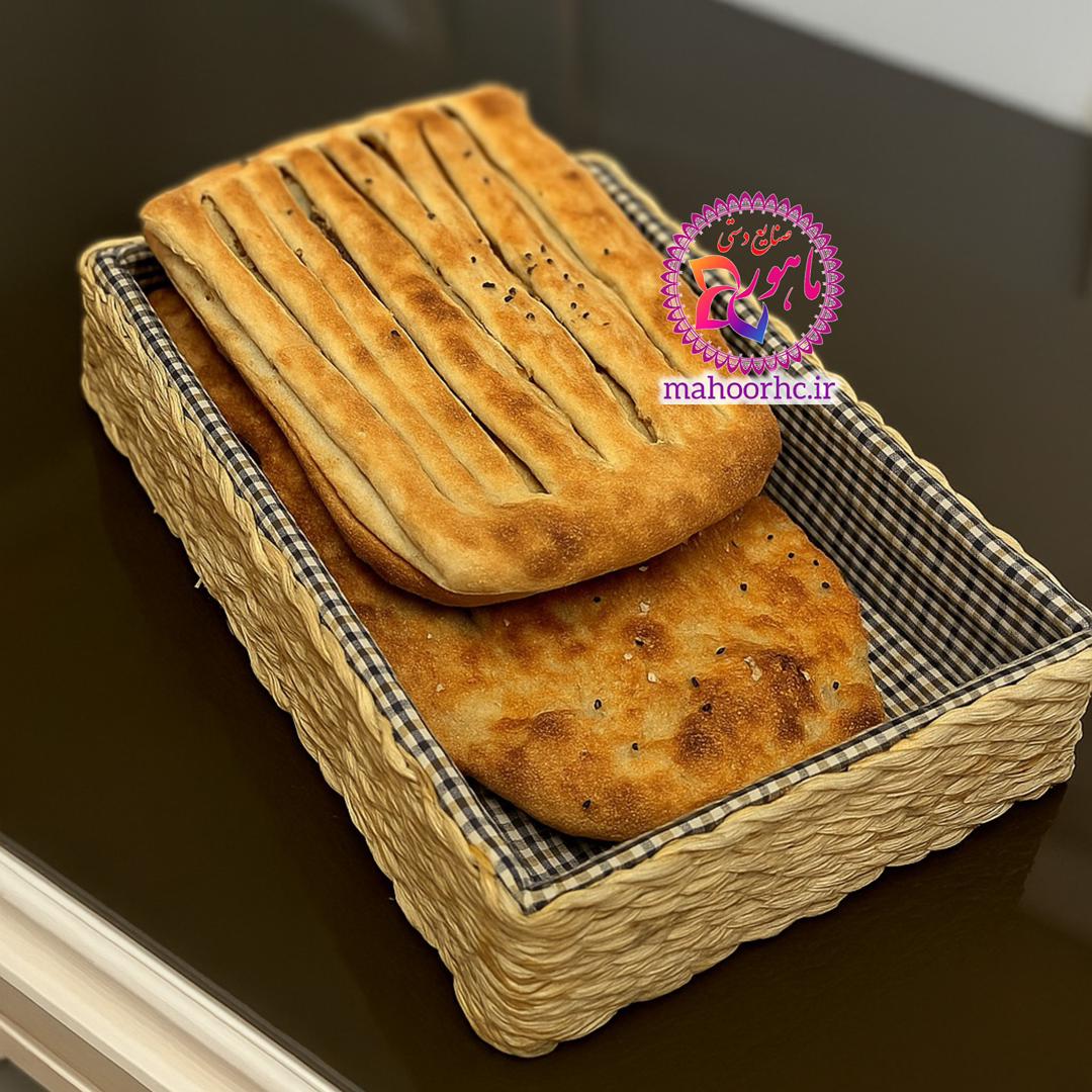سبد نان حصیری پارچه‌دار چوبی مستطیل روشن