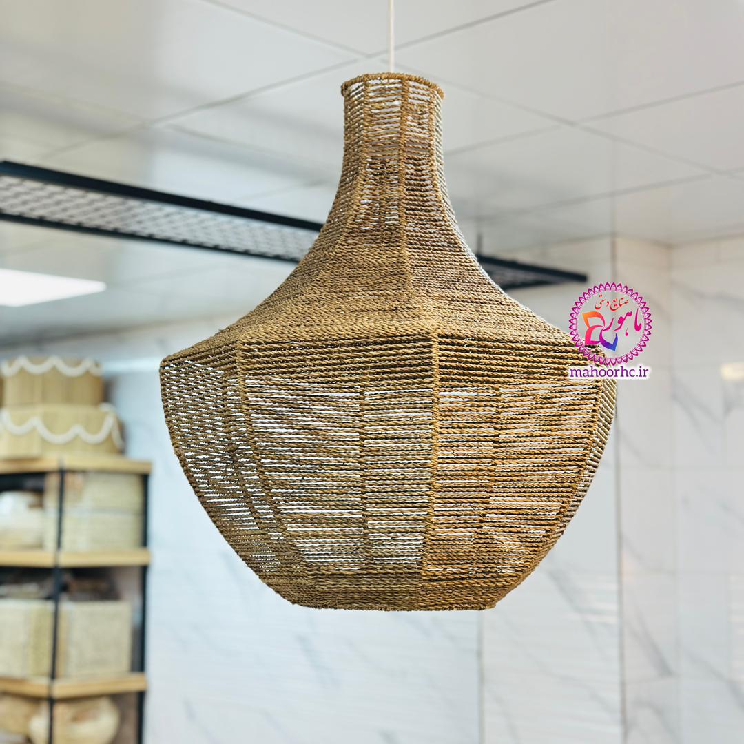 لوستر حصیری مدل لاله واژگون رنگ تیره با اسکلت فلزی