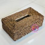 ست سطل و جا دستمالی حصیری چوبی درب‌دار قهوه ای