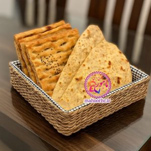 سبد نان حصیری پارچه‌دار چوبی مربع قهوه ای