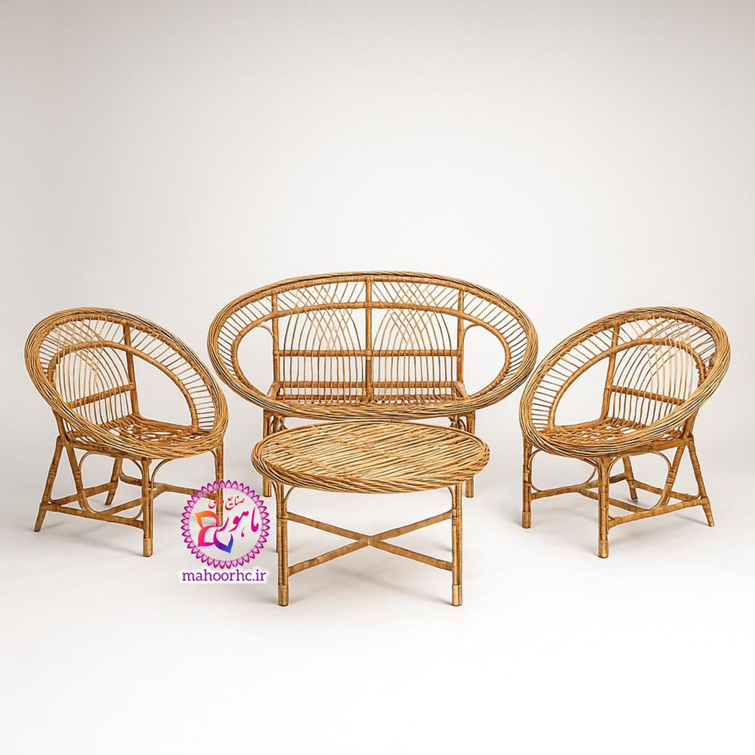 ست چهار نفره میز و صندلی حصیری مدل سرکل بافت لوزی