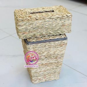 ست سطل و جا دستمالی حصیری چوبی درب‌دار روشن