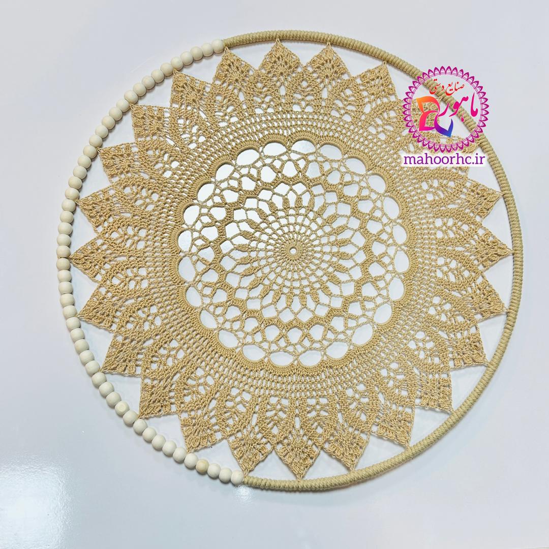 0dd9984e-6ace-4269-9f74-268813b598c9 دیوارکوب حصیری ماندالا بافی مدل پرکار نصف مهره چوبی سایز 50