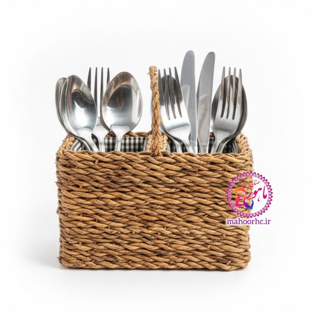 جا قاشقی حصیری دو خانه ایستاده رنگ قهوه ای | نظم‌دهنده آشپزخانه با آستر پارچه‌ای و اسکلت چوبی