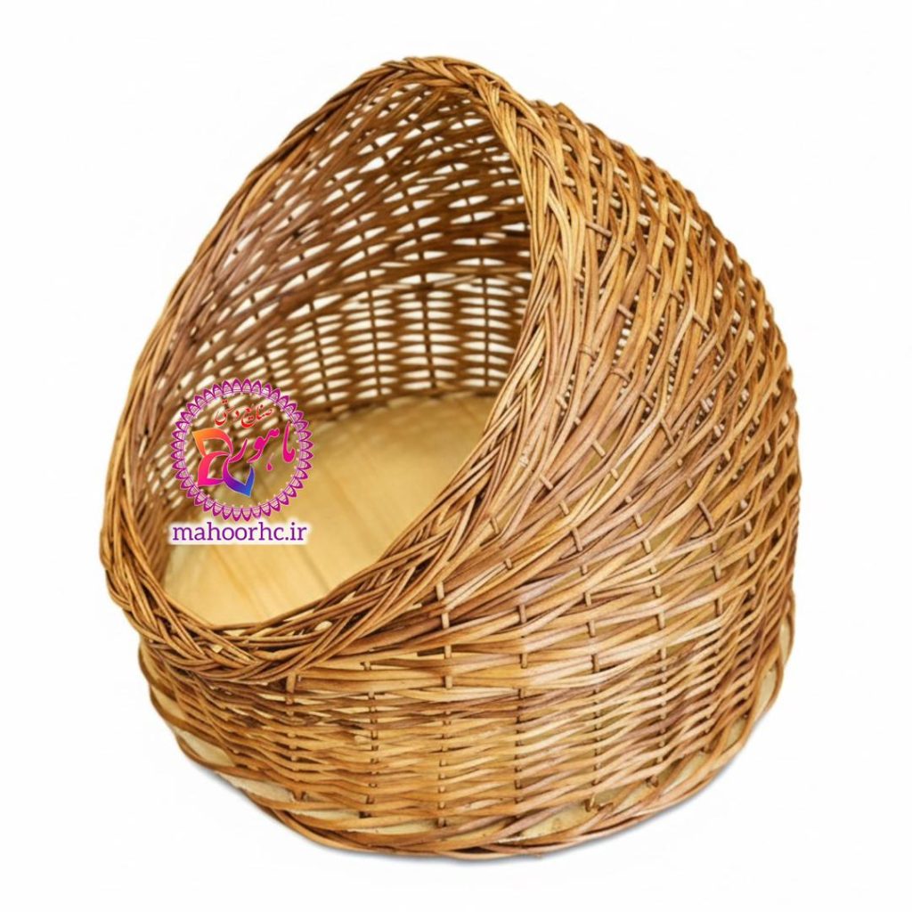 سبد جای خواب گربه حصیری دست‌باف | لانه گربه از چوب مروار با کف تخته‌ای