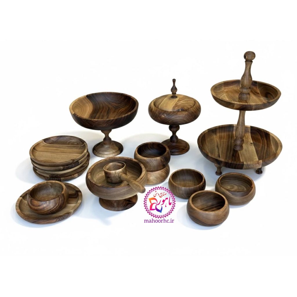 ست ۱۷ پارچه ظروف پذیرایی لوکس چوب گردو | دست‌ساز و قابل شستشو A+